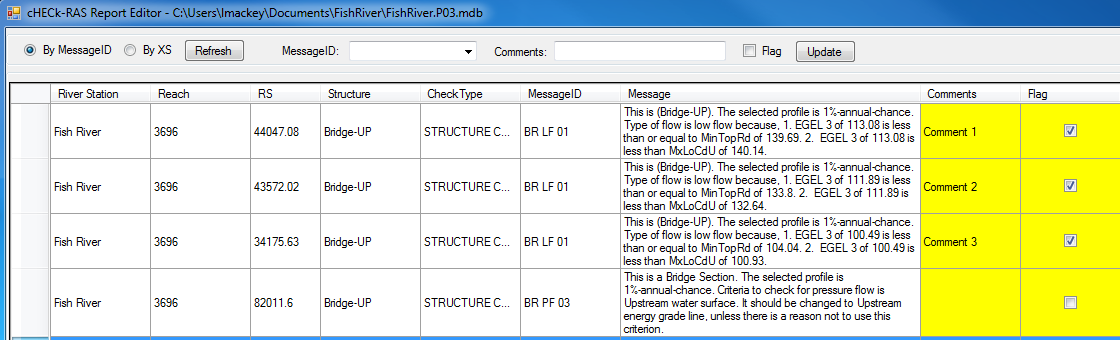 Screenshot of the cHECk-RAS Report Editor window. Table displays all of the messages generated by cHECk-RAS for sthe HEC-RAS project (.prj) file.